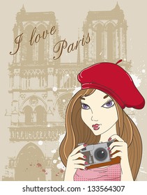Vector background with girl photographer in Paris