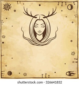 Vector background: the girl's portrait with cervine horns with a place for the text. Imitation of old paper.