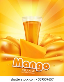 vector background a glass of juice, slices of mango