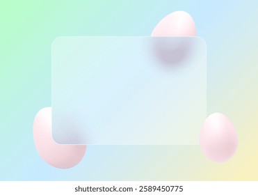 Vector background in glass morphism style. Frosted glass partition with floating pink Easter eggs.