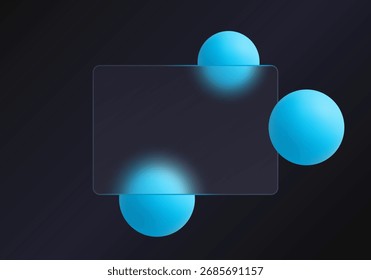 Fondo de Vector en estilo morfismo de vidrio con esferas azules flotantes y panel transparente en gradiente oscuro.
