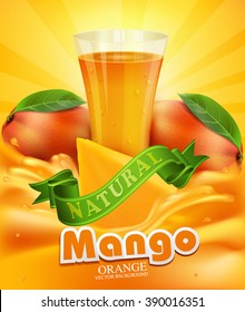 vector background with glass of orange juice, slices of mango