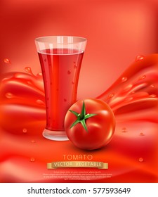 vector background with a glass of tomato juice, tomato. Red juice splash