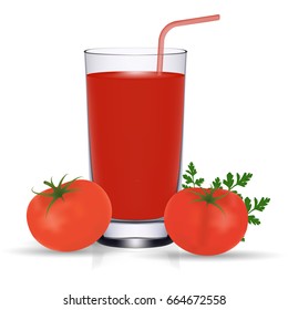 Vector background with a glass of tomato juice, tomato. Red juice isolation on the white background