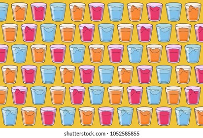 Vector background with glasses of colored drinks. Colorful wallpaper with water, juice and cocktail icons