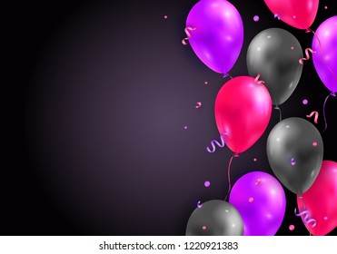 Vector background with glossy air 3d flying balloons, ribbons and confetti. Party decoration for birthday, anniversary, celebration, event design.