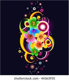 vector background with glowing flowers and abstract  shapes