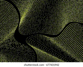 Vector background with glowing green color circles. Curve lines of multiple colorful round confetti on black backdrop. Abstract striped pattern, geometric shapes scatter, holiday backdrop.
