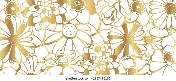 Vector background with gold flowers. Contour golden flowers.