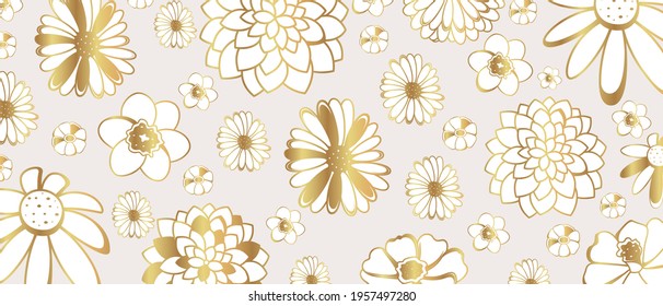 Vector background with gold flowers. Contour golden flowers.
