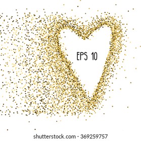 Vector background with gold glitter and a shape of a heart. Gold sparkles isolated on white. Design for wedding card, valentine, etc.