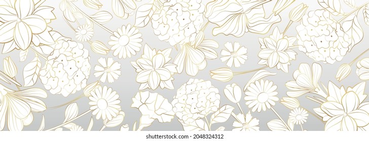 Vector background with gold plants and flowers in the style of line art on a gray background.