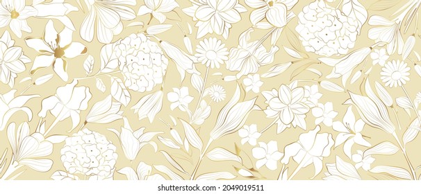 Vector background with gold plants and flowers in the style of line art on a pink background. Gold vector flowers
