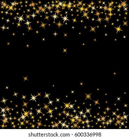 Vector background with gold sparkles, falling star glitter confetti on black. Decorative holiday banner pattern.