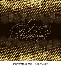 Fondo vectorial con estrellas doradas y letras navideñas. Saludando la tarjeta de navidad. Medio tono dorado