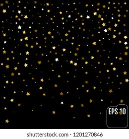 Vector background with gold stars. Confetti celebration, Falling golden abstract decoration for party, birthday celebrate, anniversary or event, festive. Festival decor. 