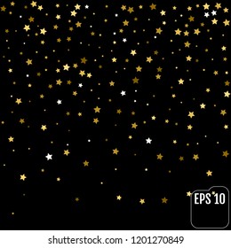 Vector background with gold stars. Confetti celebration, Falling golden abstract decoration for party, birthday celebrate, anniversary or event, festive. Festival decor. 