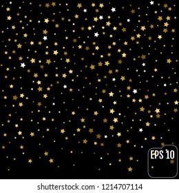 Vector background with gold stars. Confetti celebration, Falling golden abstract decoration for party, birthday celebrate, anniversary or event, festive. Festival decor. 