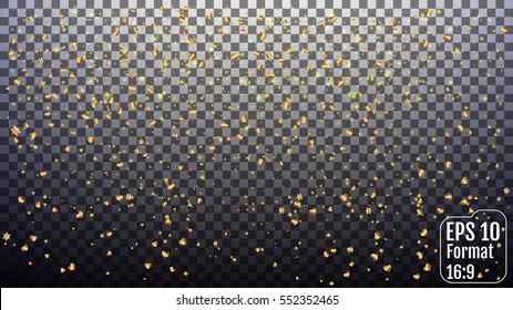 Vector background with gold hearts? stars and Golden Confetti Glitters. Template for Valentine's designs, invitation, party, birthday, wedding. Heart confetti. transparent background. Format 16:9