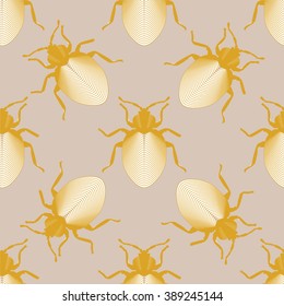 Vector background with golden beetles. Seamless pattern