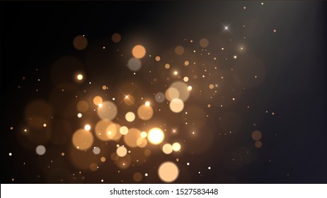 Vector background with golden bokeh dust, blur effect, sparks