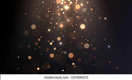 Vector background with golden bokeh, falling golden sparks, dust glitter, blur effect