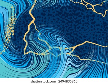 Vector background with golden crackles on a blue background. For packaging, covers, textiles, advertising, web design. Pattern in blue colors. Japanese Kintsugi