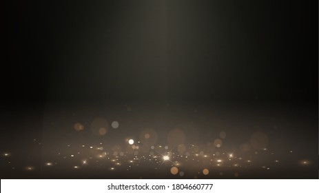 Vector background with golden dust or grains of sand on the floor in a dark room with blur effect