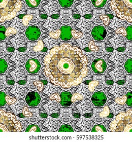 Vector background. Golden elements on green background. Stylish graphic pattern. Floral pattern. Wallpaper baroque, damask.