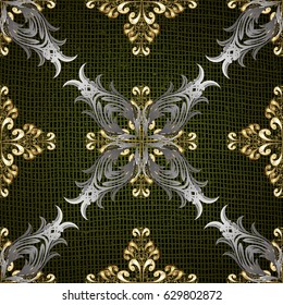 Vector background. Golden elements on green background. Floral pattern. Wallpaper baroque, damask. Stylish graphic pattern.