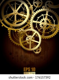 Vector background with golden gear wheels on dark dirty surface with blots