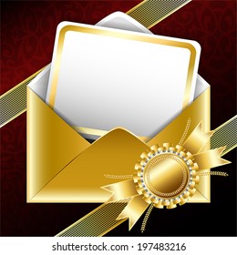 Vector background. Golden gift envelope with text card, bands and a ribbon. 