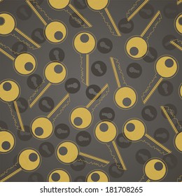 vector background, golden keys and keyholes, seamless pattern with black backdrop and golden elements, geometric design, vector illustration