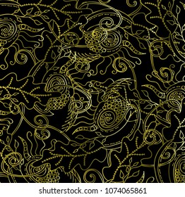 Vector background with golden leaves and plants on dark field.
