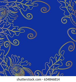 Vector background with golden leaves and plants on dark blue  field.