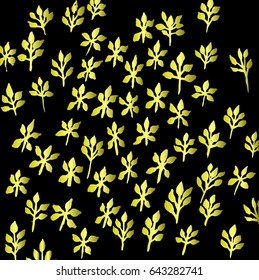 Vector background with golden leaves and plants on black  field.