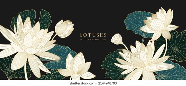 Vector background with golden lotuses and leaves. Luxury design template with line lily. Nelumbo nucifera flower for banners, invitations, cover and packaging design.