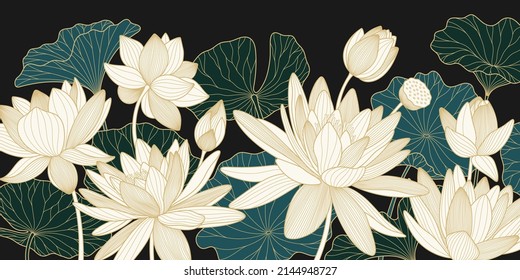 Vector background with golden lotuses and leaves. Luxury design template with line lily. Nelumbo nucifera flower for banners, invitations, cover and packaging design.