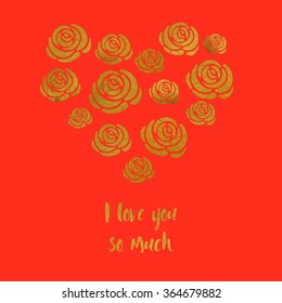 Vector background with golden roses. Card or poster for Valentines day and mothers day, save the date, wedding.