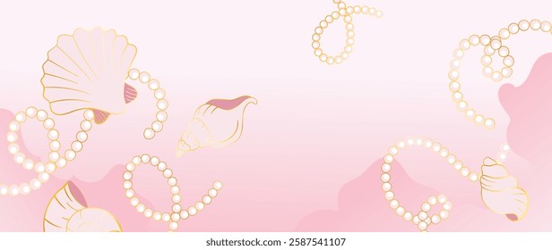Vector background of golden seashells and pearls. Natural shells and strands of pearls are done in a minimal pale pink color with a gold line. Design for fabric, print, cover, banner, decoration, wall