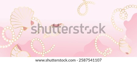 Vector background of golden seashells and pearls. Natural shells and strands of pearls are done in a minimal pale pink color with a gold line. Design for fabric, print, cover, banner, decoration, wall