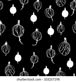 Vector background with gooseberries on black background . Seamless pattern can be used in web design, textile industry, wrapping paper. Endless texture. Sketchy freehand illustration.