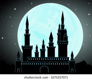 Vector background with gothic castle in the mountains, full moon and shining stars