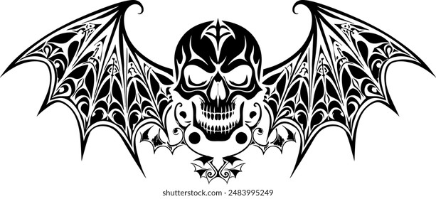  Fondo de Vector Estilo gótico - Calavera con adornos y alas - Elemento de diseño - Dark Fantasy - Silueta de tatuaje de murciélago