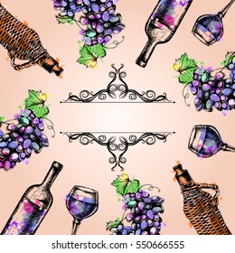 Vector background of grapes, wine, glass, bottle with hand-drawing style with watercolor spray paint for design