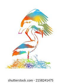 Vector background with a graphic colorful drawings of pairs of storks in the nest