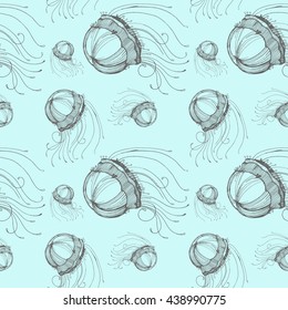Vector background with graphic hand drawn jellyfish isolated on white