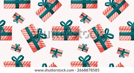 Vector background graphic with no seams, featuring a rectangular gift box wrapped in a colorful red-and-white striped pattern, tied with a dark green ribbon around the box, finished with a bow on top