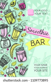 Vector background  with graphic smoothie. Funny design for smoothie bar and menu. Colorful illustration- blue, pink and yellow