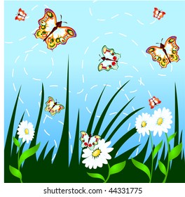 Vector background with grass, flowers and butterflies